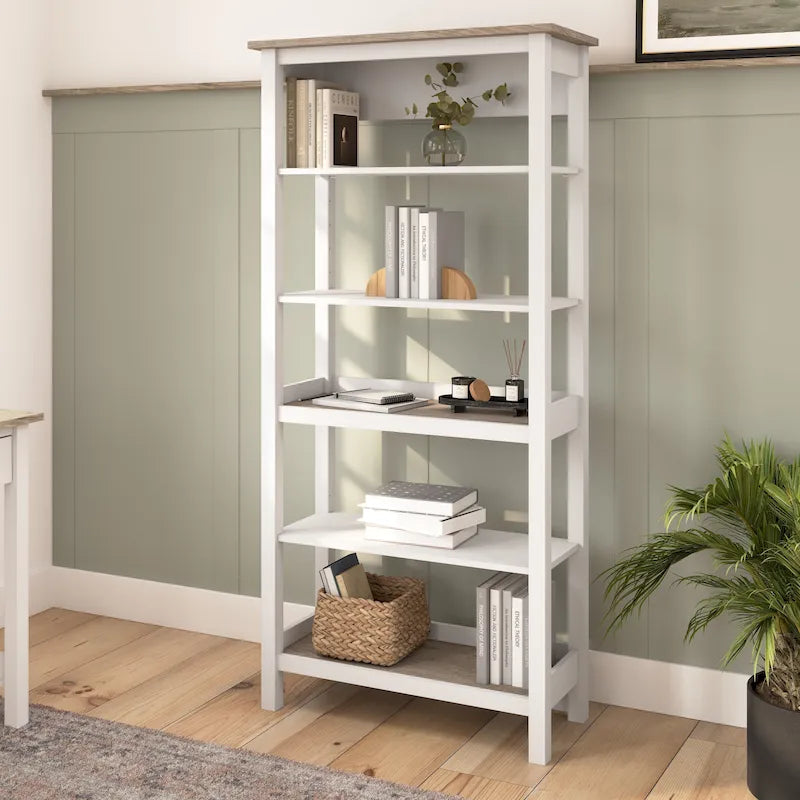 Tall 5-Shelf Bookcase with Adjustable Shelves - Modern Farmhouse Style