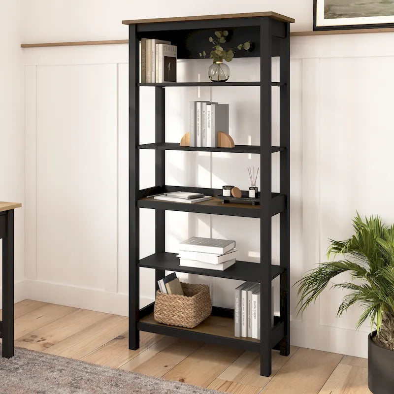 Tall 5-Shelf Bookcase with Adjustable Shelves - Modern Farmhouse Style
