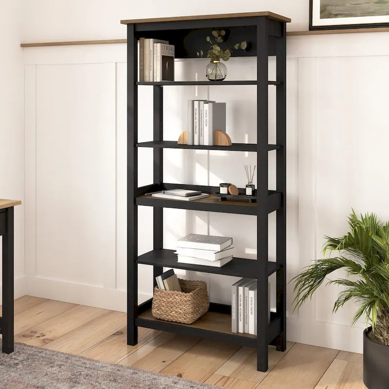 Tall 5-Shelf Bookcase with Adjustable Shelves - Modern Farmhouse Style