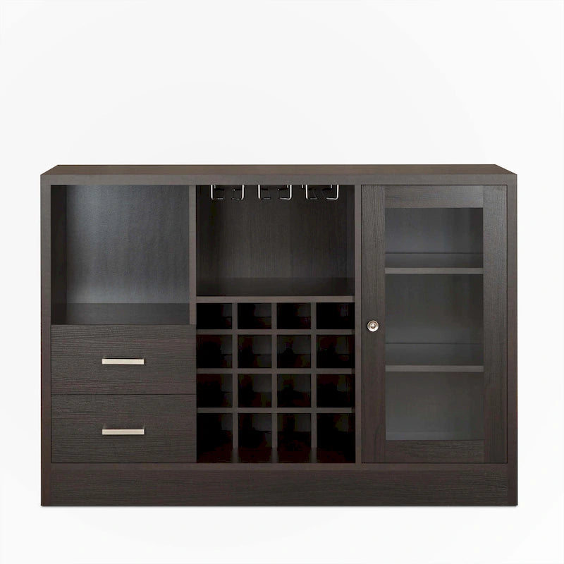 Espresso Wine Cabinet with Glass-Front Door, Stemware Rack and Drawers