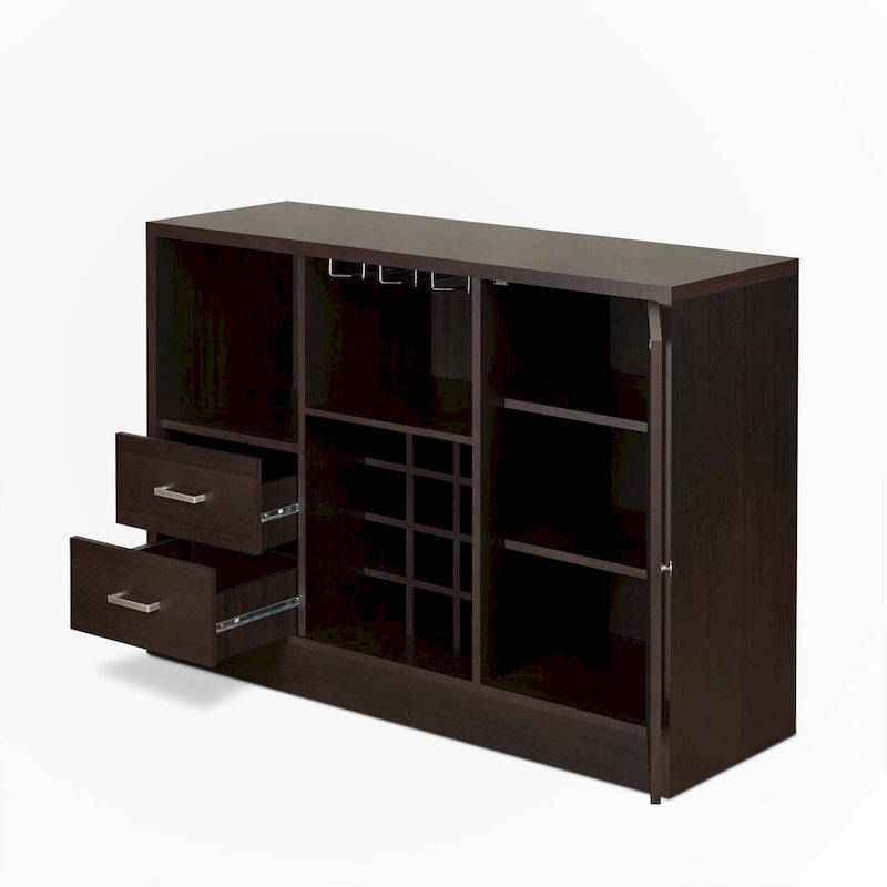 Espresso Wine Cabinet with Glass-Front Door, Stemware Rack and Drawers