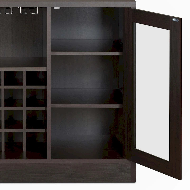 Espresso Wine Cabinet with Glass-Front Door, Stemware Rack and Drawers