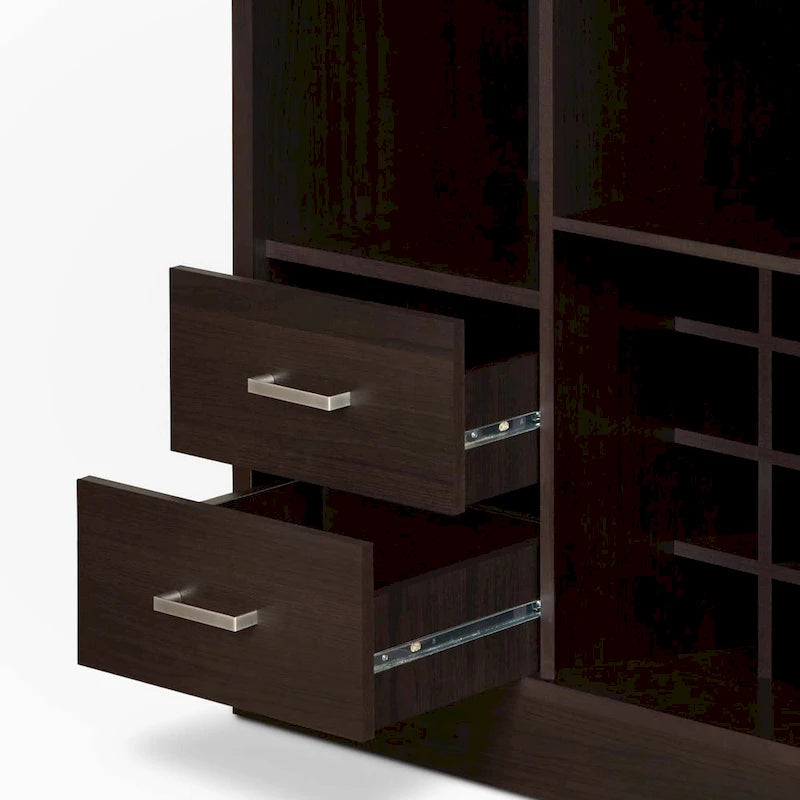 Espresso Wine Cabinet with Glass-Front Door, Stemware Rack and Drawers