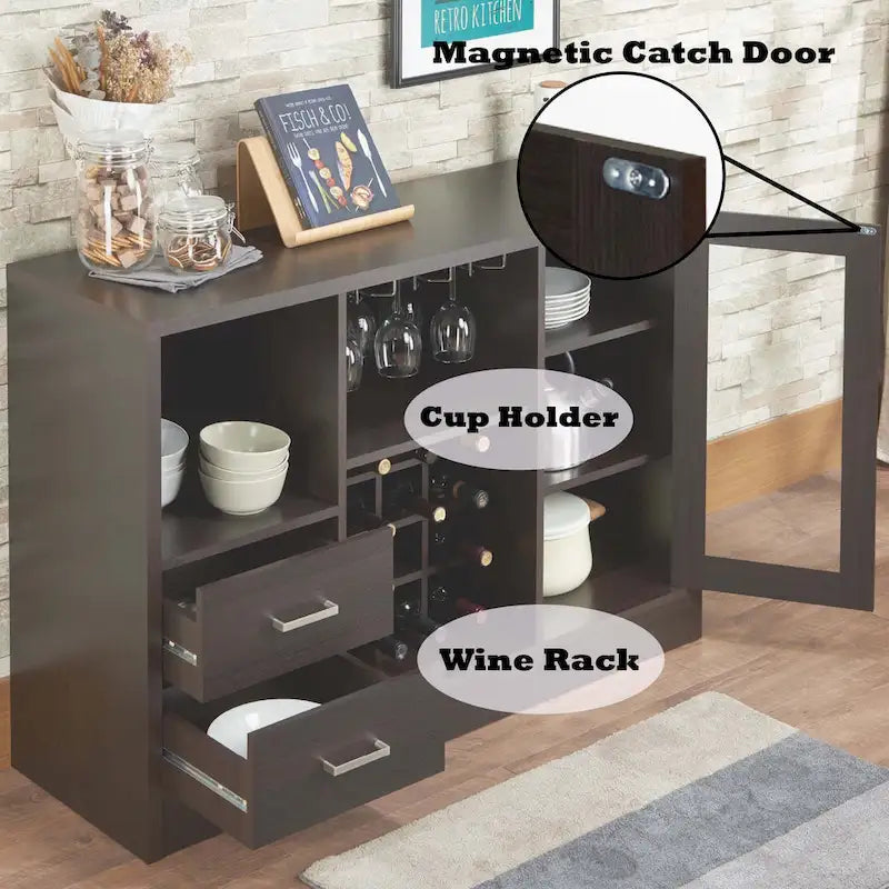Espresso Wine Cabinet with Glass-Front Door, Stemware Rack and Drawers