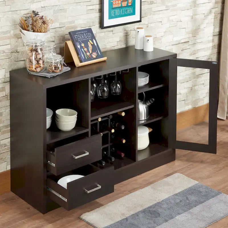 Espresso Wine Cabinet with Glass-Front Door, Stemware Rack and Drawers