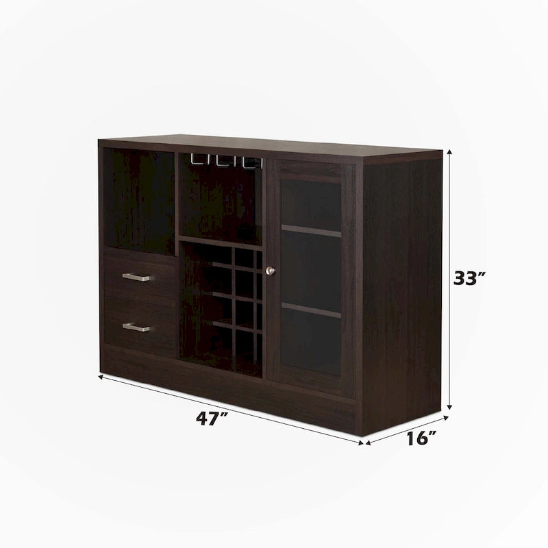 Espresso Wine Cabinet with Glass-Front Door, Stemware Rack and Drawers
