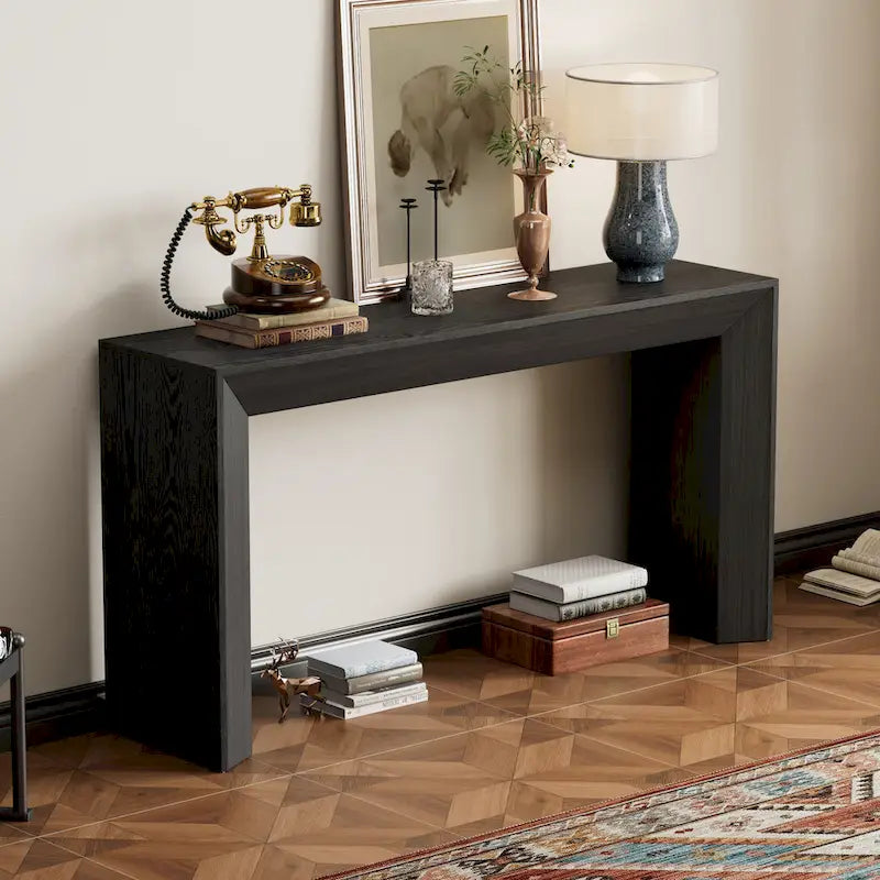 59-Inch Fireplace-Inspired Console Table with Wood Veneer Top