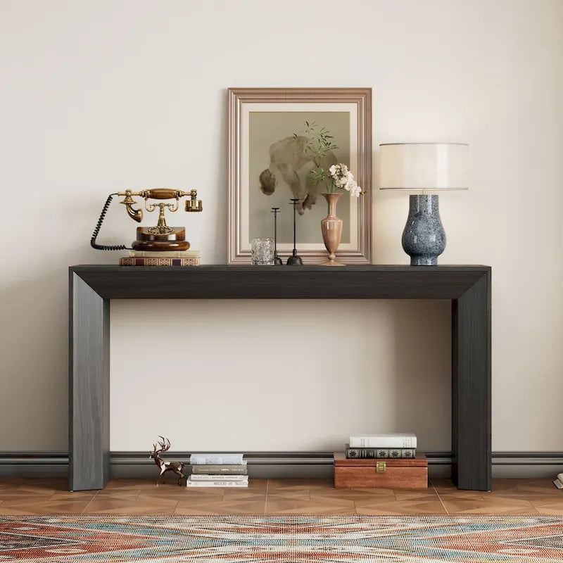 59-Inch Fireplace-Inspired Console Table with Wood Veneer Top