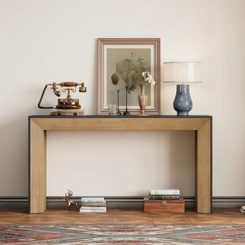 59-Inch Fireplace-Inspired Console Table with Wood Veneer Top