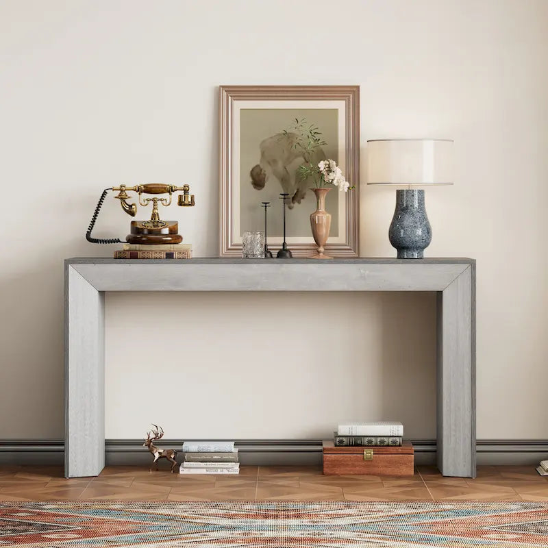 59-Inch Fireplace-Inspired Console Table with Wood Veneer Top