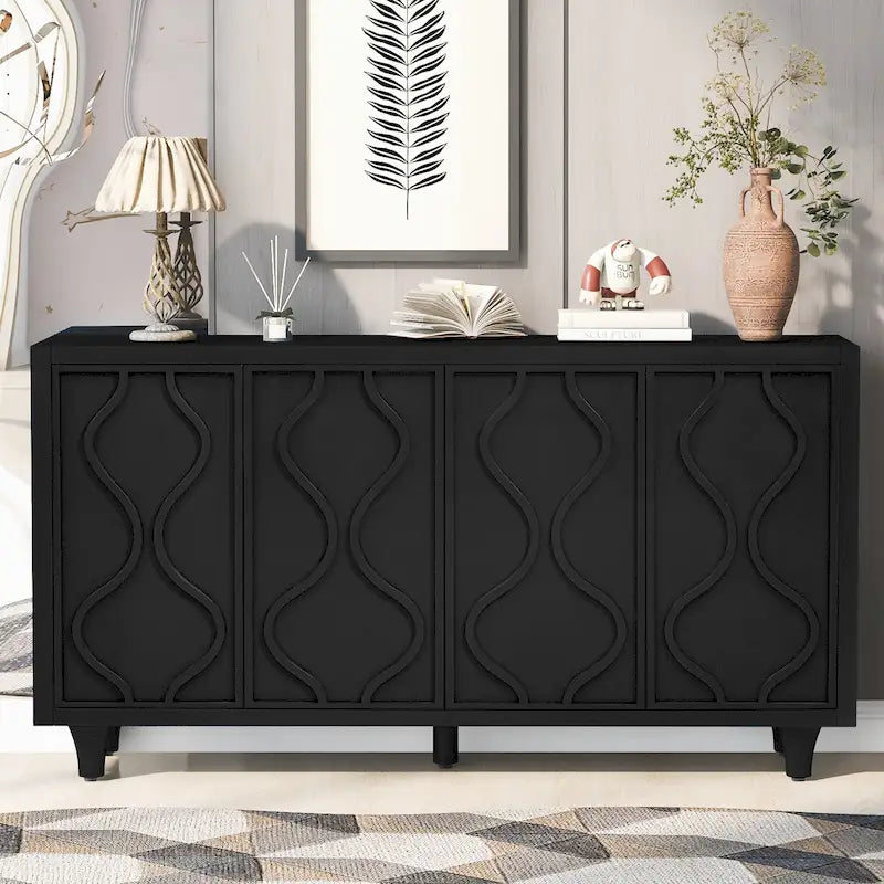 4-Door Sideboard Cabinet with Embossed Curved Doors and Adjustable Shelves