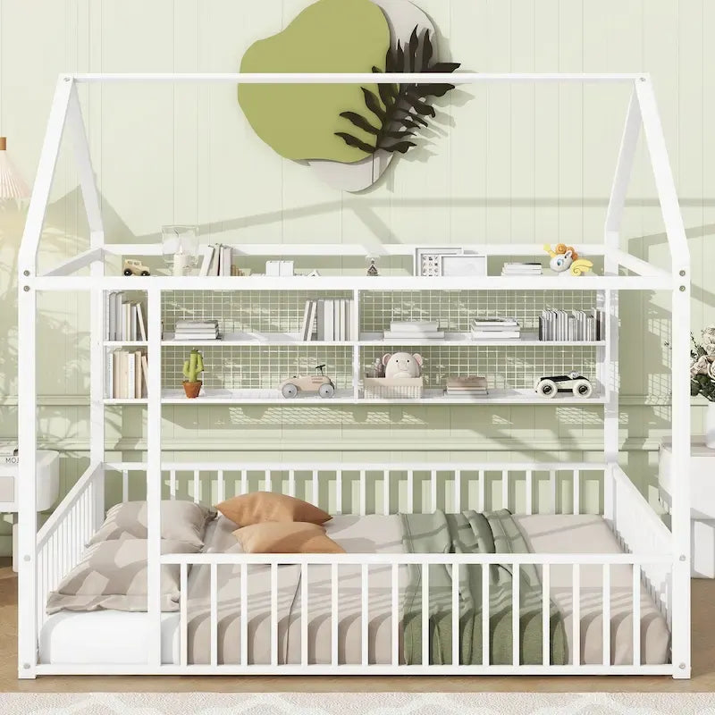 Metal House-Shaped Floor Bed with Grid Shelves - Full Size, Kids & Teens