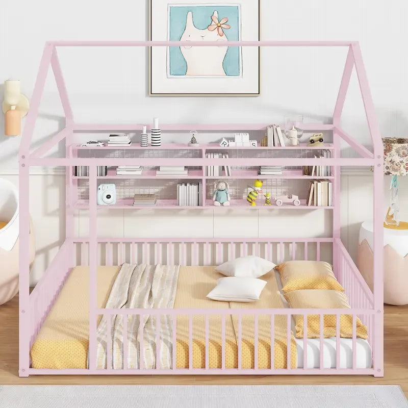 Metal House-Shaped Floor Bed with Grid Shelves - Full Size, Kids & Teens