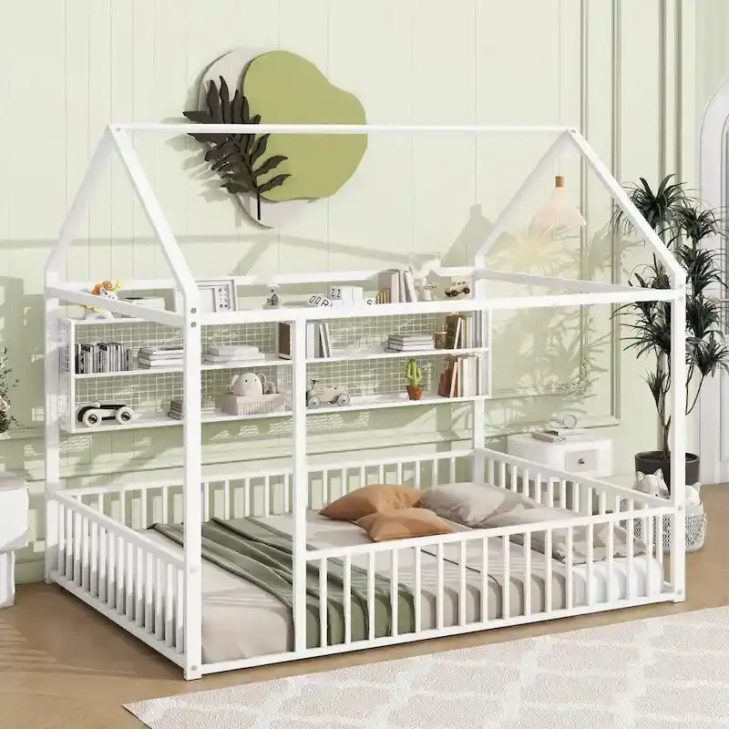 Metal House-Shaped Floor Bed with Grid Shelves - Full Size, Kids & Teens