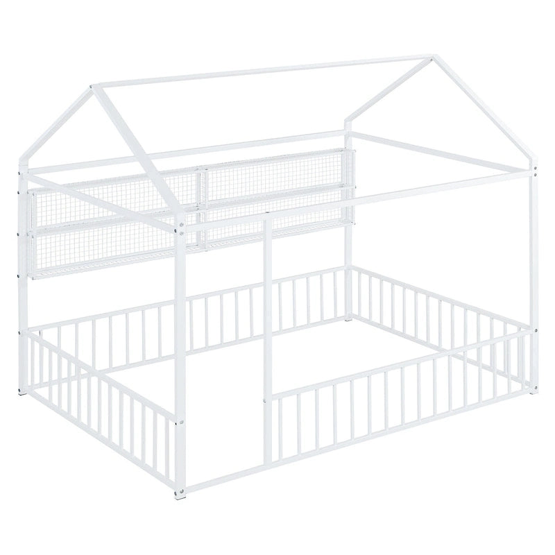 Metal House-Shaped Floor Bed with Grid Shelves - Full Size, Kids & Teens
