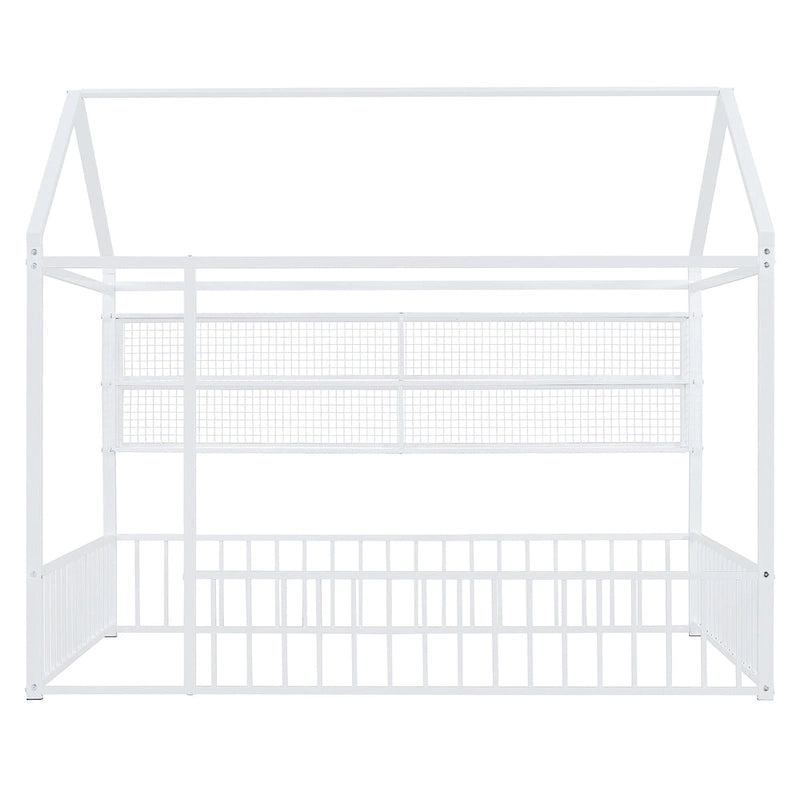 Metal House-Shaped Floor Bed with Grid Shelves - Full Size, Kids & Teens