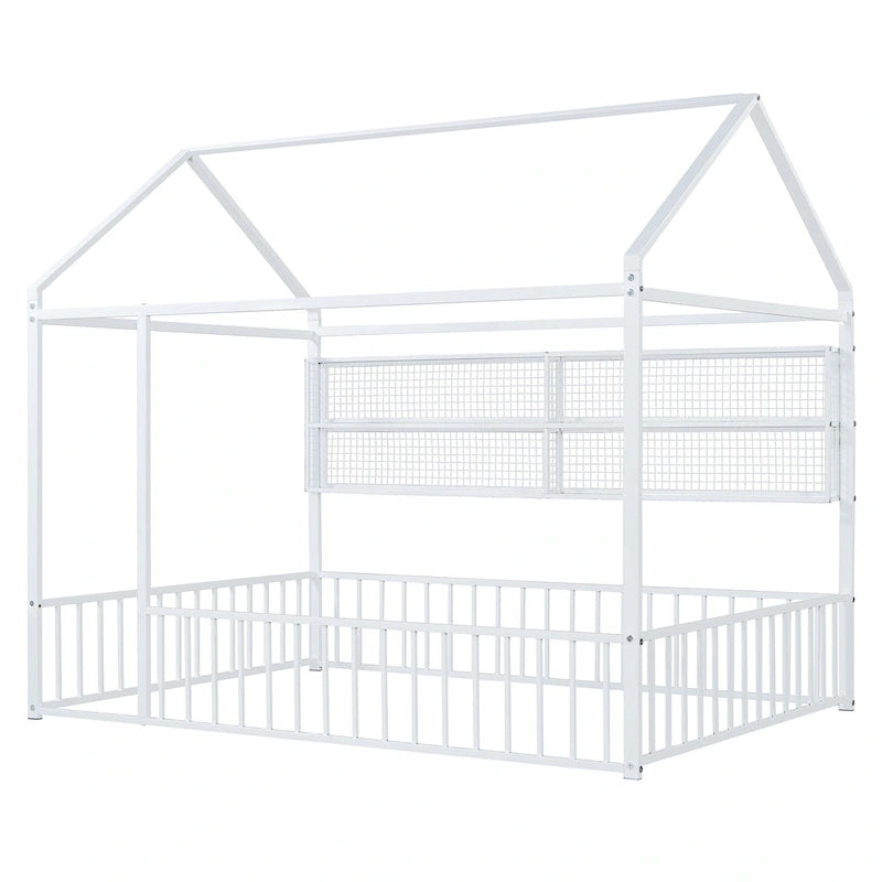Metal House-Shaped Floor Bed with Grid Shelves - Full Size, Kids & Teens