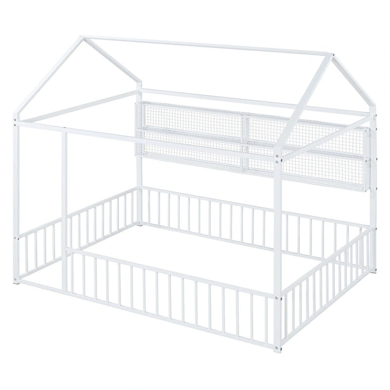 Metal House-Shaped Floor Bed with Grid Shelves - Full Size, Kids & Teens