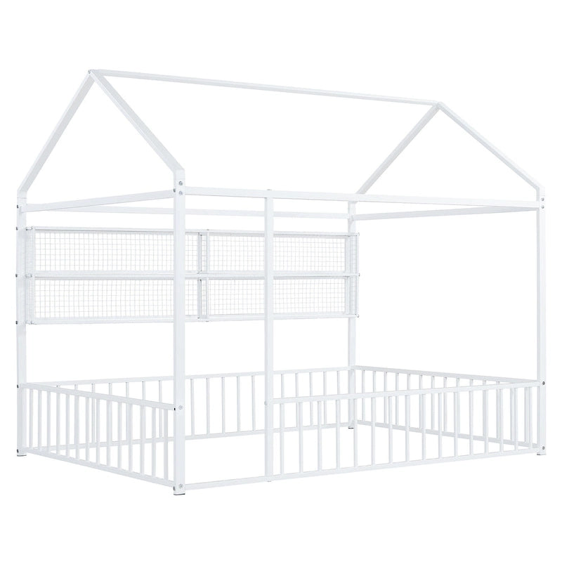 Metal House-Shaped Floor Bed with Grid Shelves - Full Size, Kids & Teens