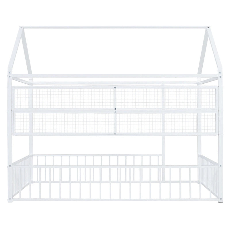 Metal House-Shaped Floor Bed with Grid Shelves - Full Size, Kids & Teens