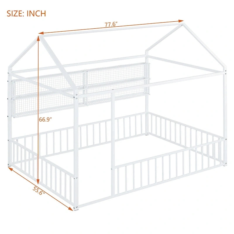 Metal House-Shaped Floor Bed with Grid Shelves - Full Size, Kids & Teens