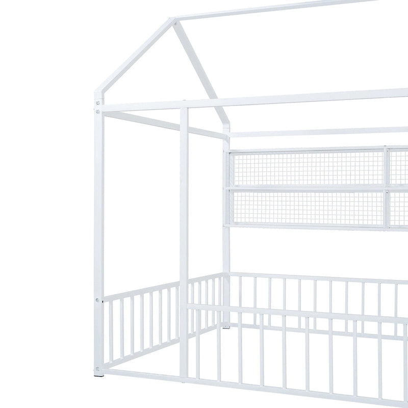 Metal House-Shaped Floor Bed with Grid Shelves - Full Size, Kids & Teens
