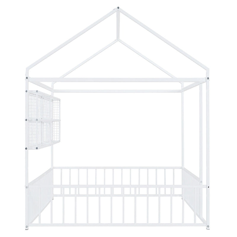 Metal House-Shaped Floor Bed with Grid Shelves - Full Size, Kids & Teens
