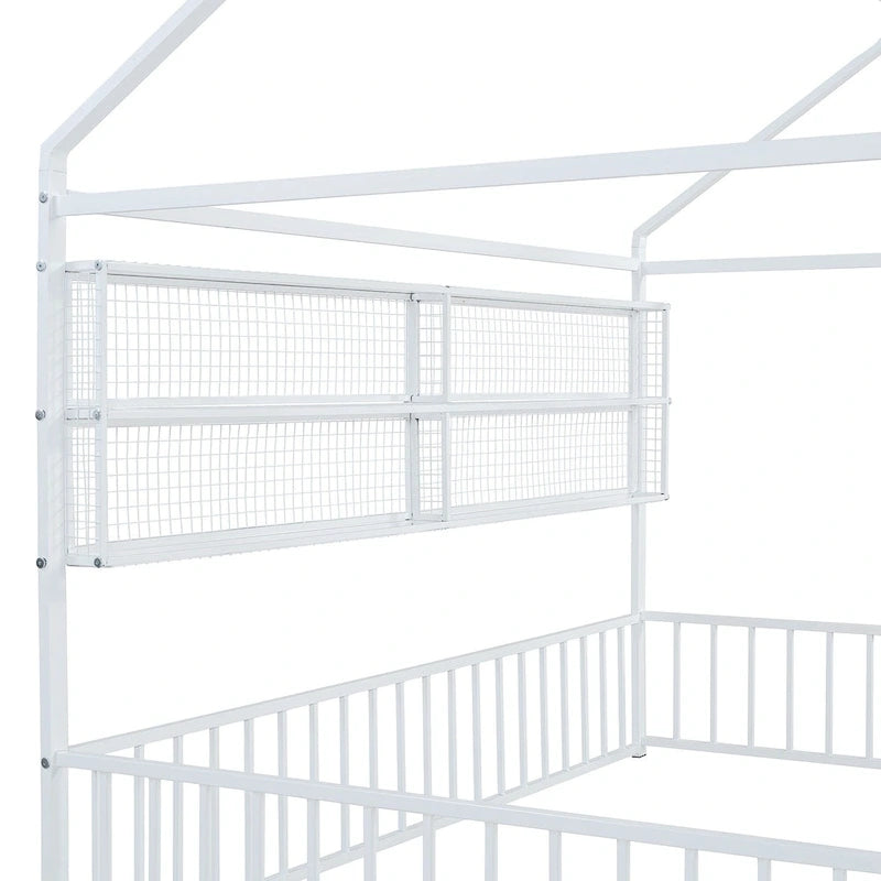 Metal House-Shaped Floor Bed with Grid Shelves - Full Size, Kids & Teens