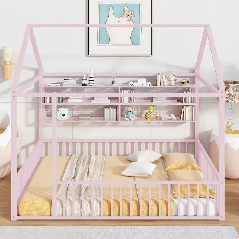 Metal House-Shaped Floor Bed with Grid Shelves - Full Size, Kids & Teens