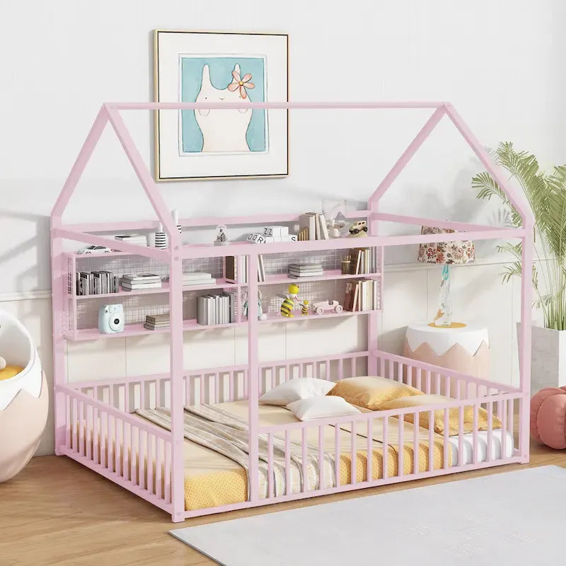 Metal House-Shaped Floor Bed with Grid Shelves - Full Size, Kids & Teens