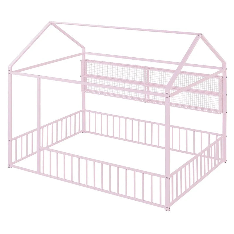 Metal House-Shaped Floor Bed with Grid Shelves - Full Size, Kids & Teens