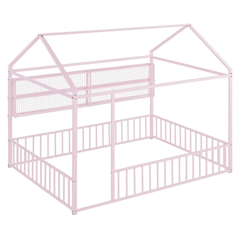 Metal House-Shaped Floor Bed with Grid Shelves - Full Size, Kids & Teens
