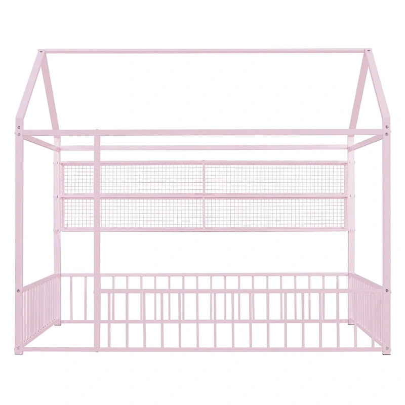 Metal House-Shaped Floor Bed with Grid Shelves - Full Size, Kids & Teens