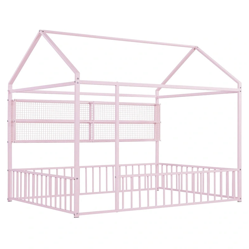 Metal House-Shaped Floor Bed with Grid Shelves - Full Size, Kids & Teens