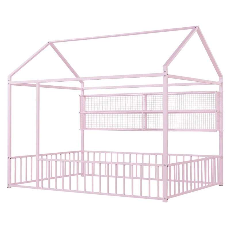 Metal House-Shaped Floor Bed with Grid Shelves - Full Size, Kids & Teens