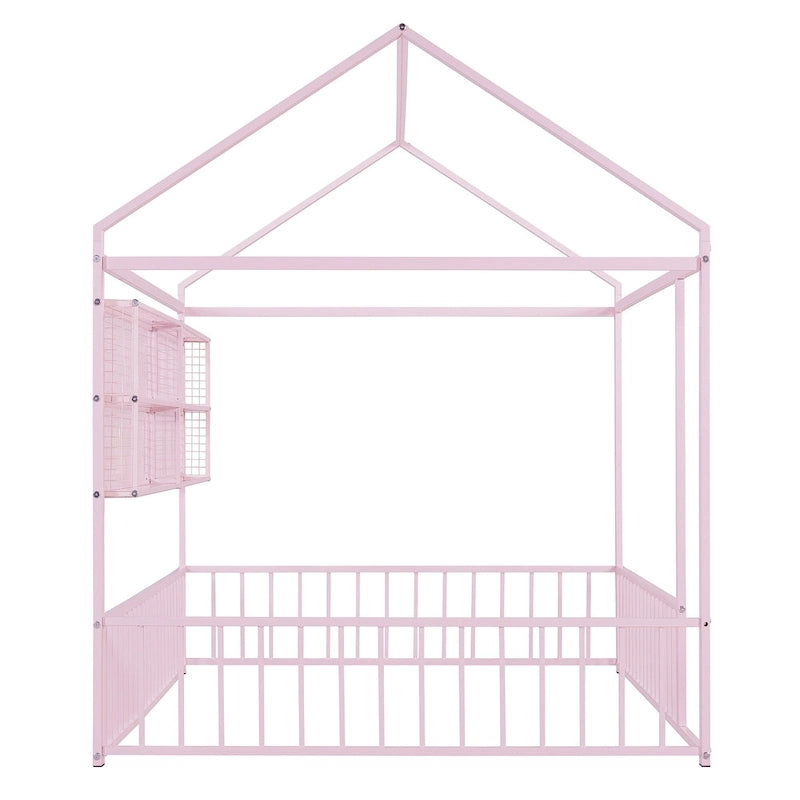 Metal House-Shaped Floor Bed with Grid Shelves - Full Size, Kids & Teens