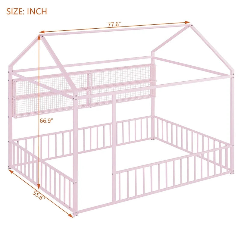 Metal House-Shaped Floor Bed with Grid Shelves - Full Size, Kids & Teens