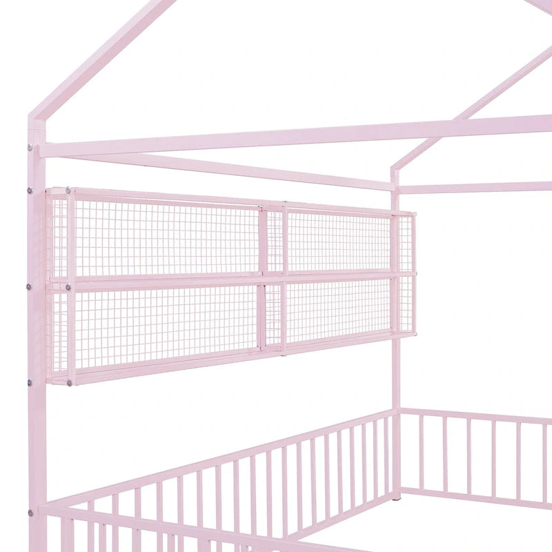Metal House-Shaped Floor Bed with Grid Shelves - Full Size, Kids & Teens