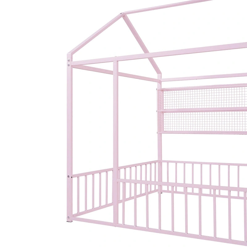 Metal House-Shaped Floor Bed with Grid Shelves - Full Size, Kids & Teens