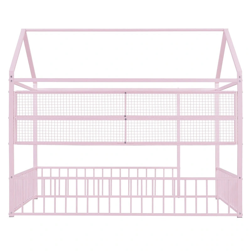 Metal House-Shaped Floor Bed with Grid Shelves - Full Size, Kids & Teens