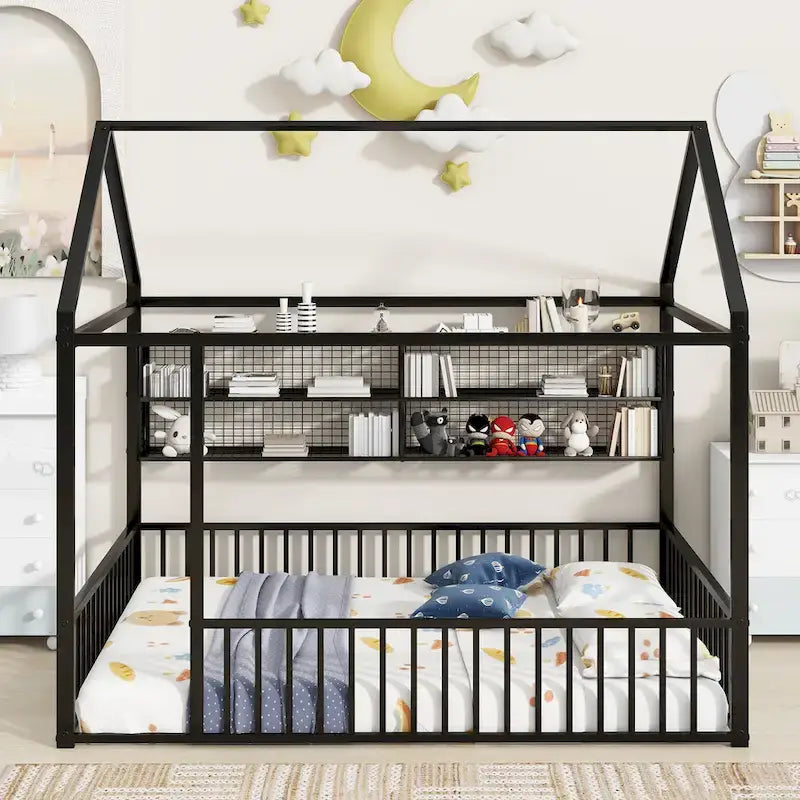 Metal House-Shaped Floor Bed with Grid Shelves - Full Size, Kids & Teens