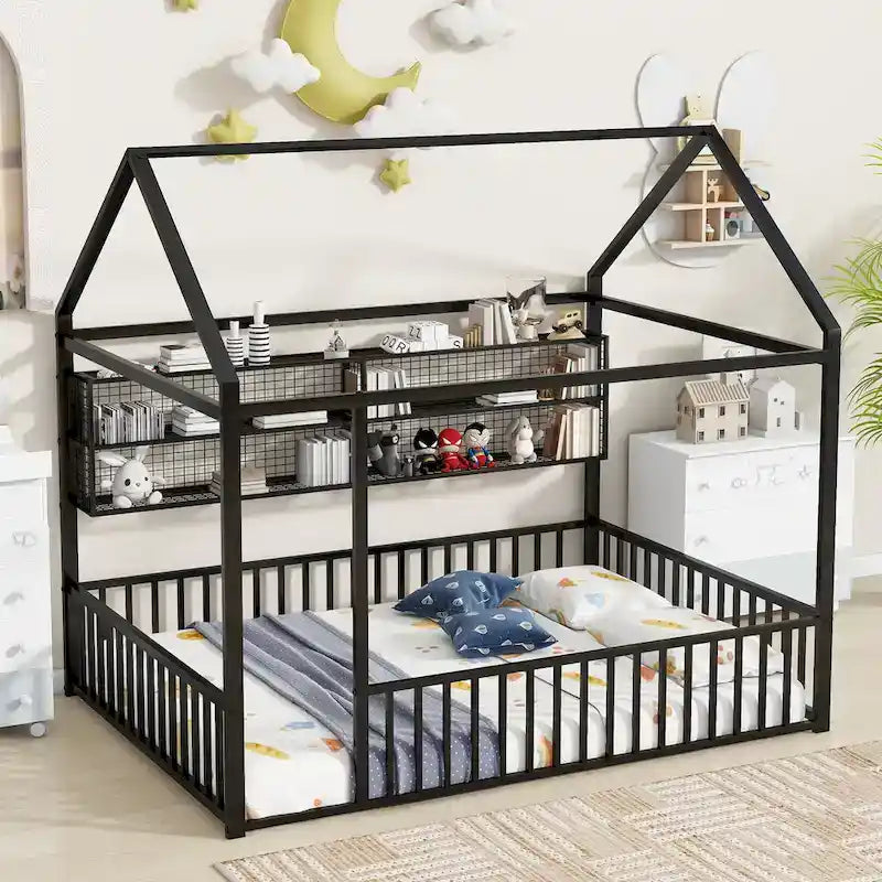 Metal House-Shaped Floor Bed with Grid Shelves - Full Size, Kids & Teens