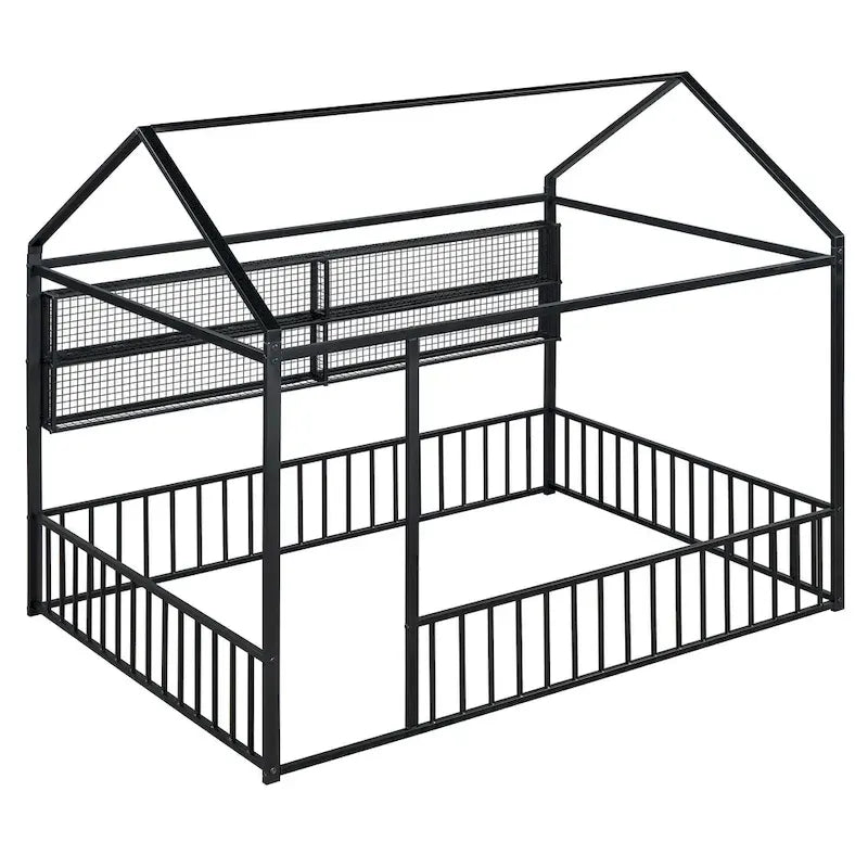 Metal House-Shaped Floor Bed with Grid Shelves - Full Size, Kids & Teens