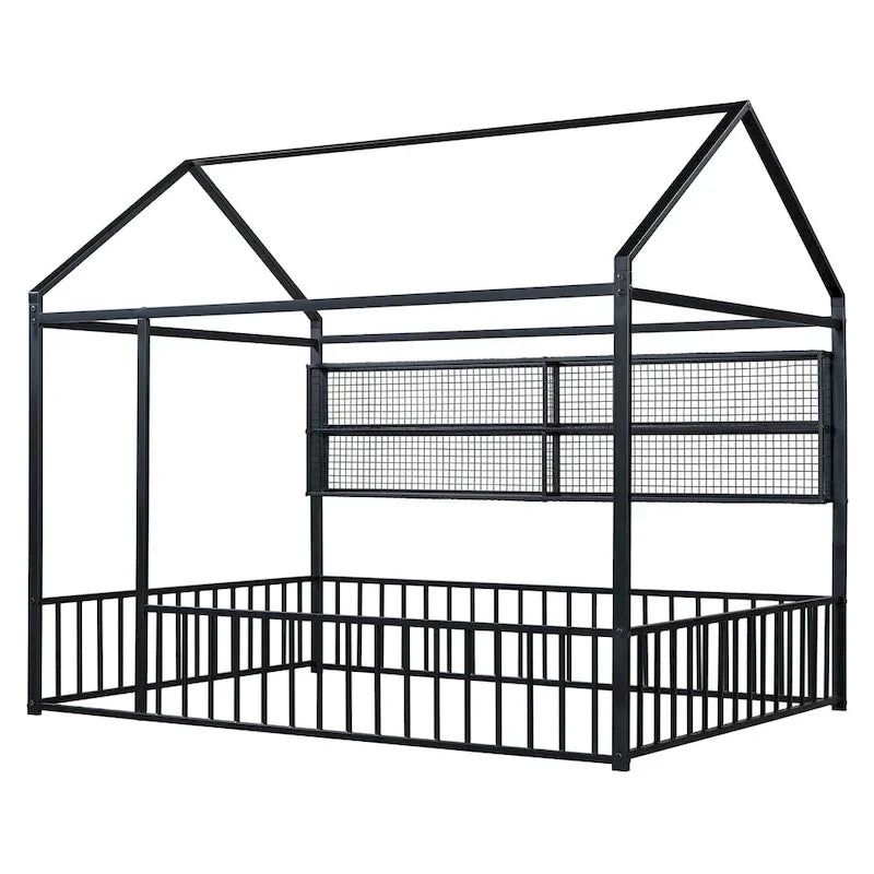 Metal House-Shaped Floor Bed with Grid Shelves - Full Size, Kids & Teens