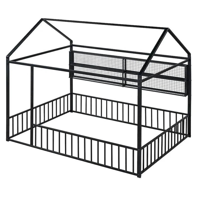 Metal House-Shaped Floor Bed with Grid Shelves - Full Size, Kids & Teens