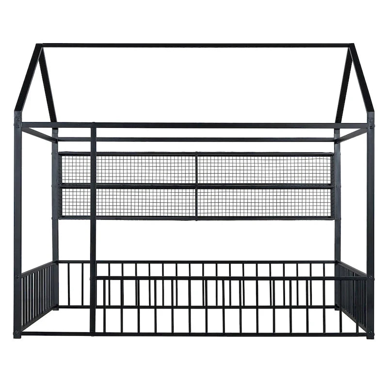 Metal House-Shaped Floor Bed with Grid Shelves - Full Size, Kids & Teens
