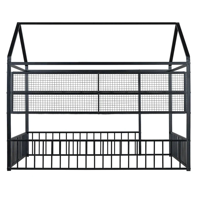 Metal House-Shaped Floor Bed with Grid Shelves - Full Size, Kids & Teens