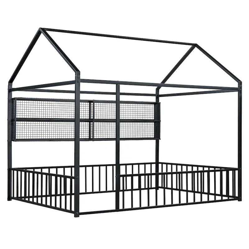 Metal House-Shaped Floor Bed with Grid Shelves - Full Size, Kids & Teens
