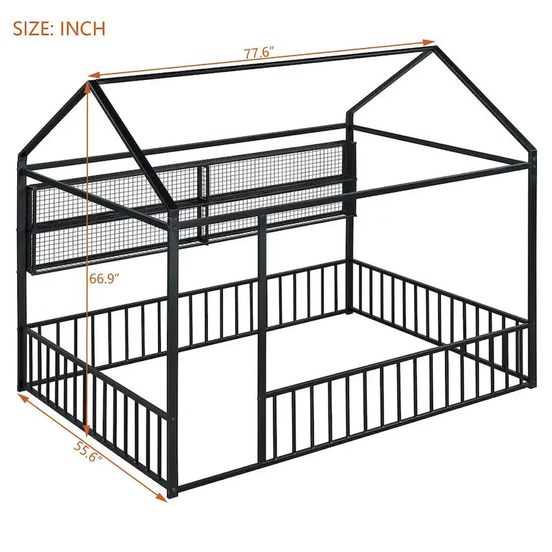 Metal House-Shaped Floor Bed with Grid Shelves - Full Size, Kids & Teens