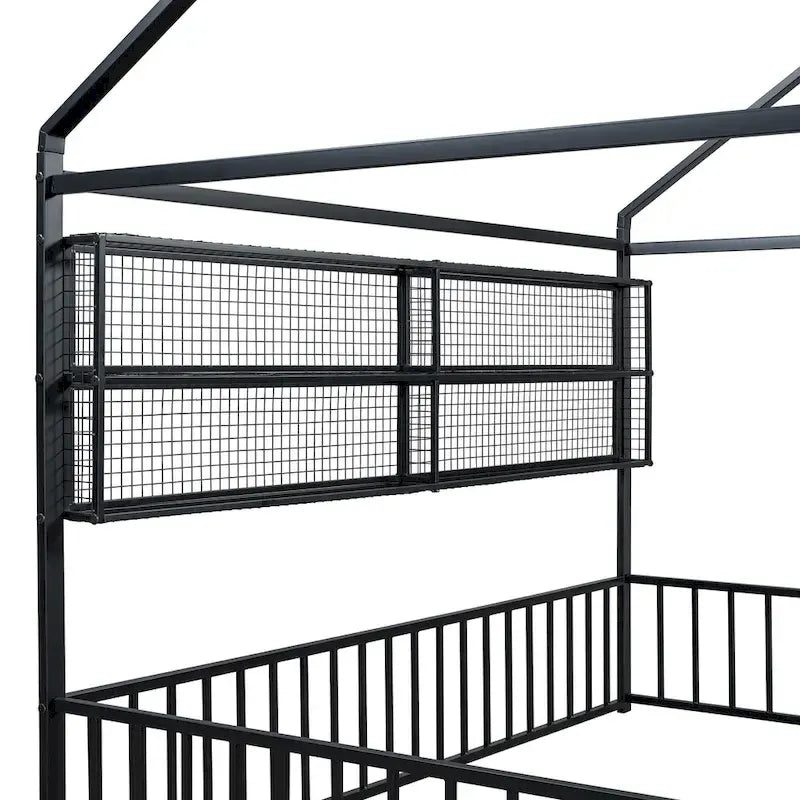 Metal House-Shaped Floor Bed with Grid Shelves - Full Size, Kids & Teens